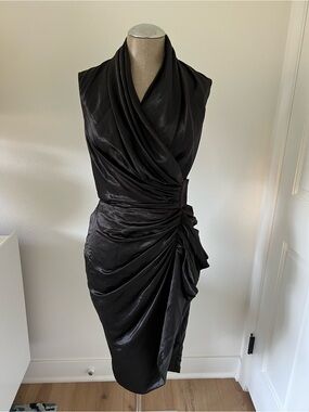 All Saints Japanese Cloth Black Draped Satin Midi Dress